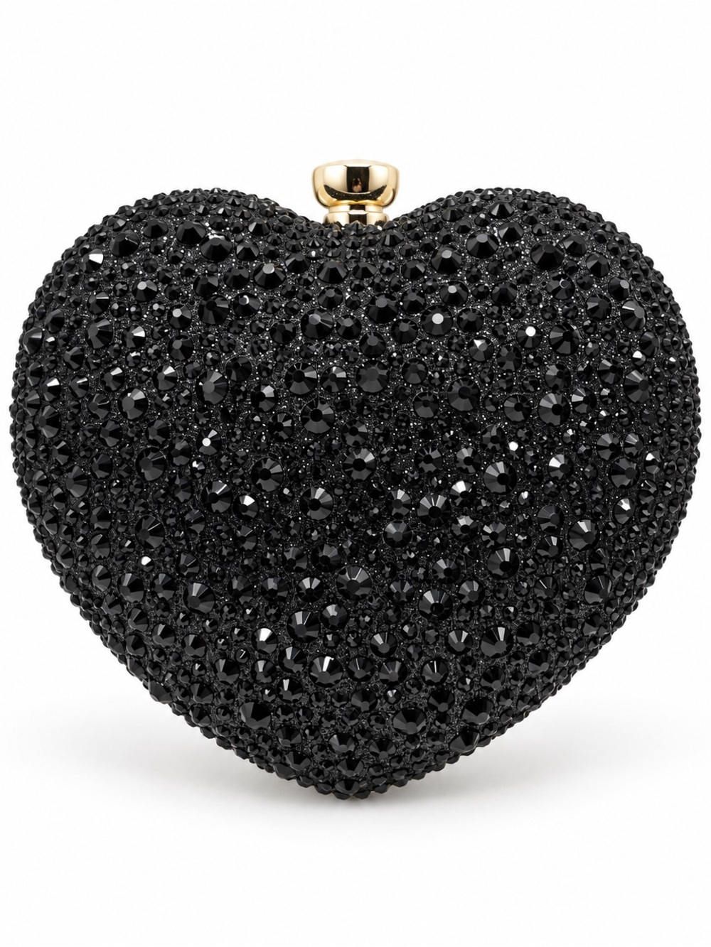 Black Crystal Heart Clutch Purse Gold Handle Formal Evening Bag Womens NEW